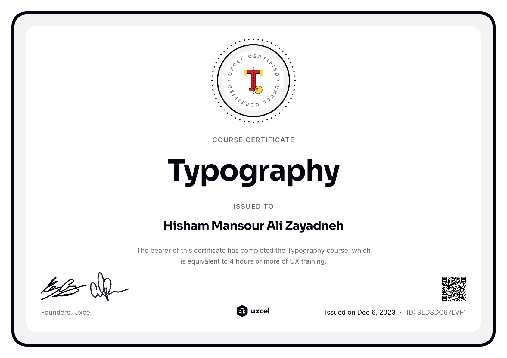 Hisham Zayadneh's certificate